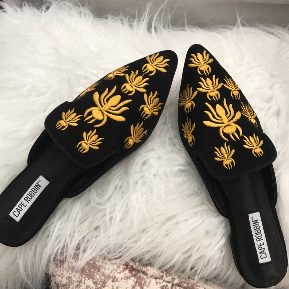 Black Embroidered Mules Flats
